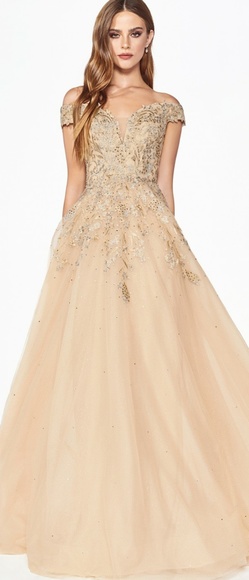 Champagne gold formal evening ball gown off shoulder - Picture 1 of 7